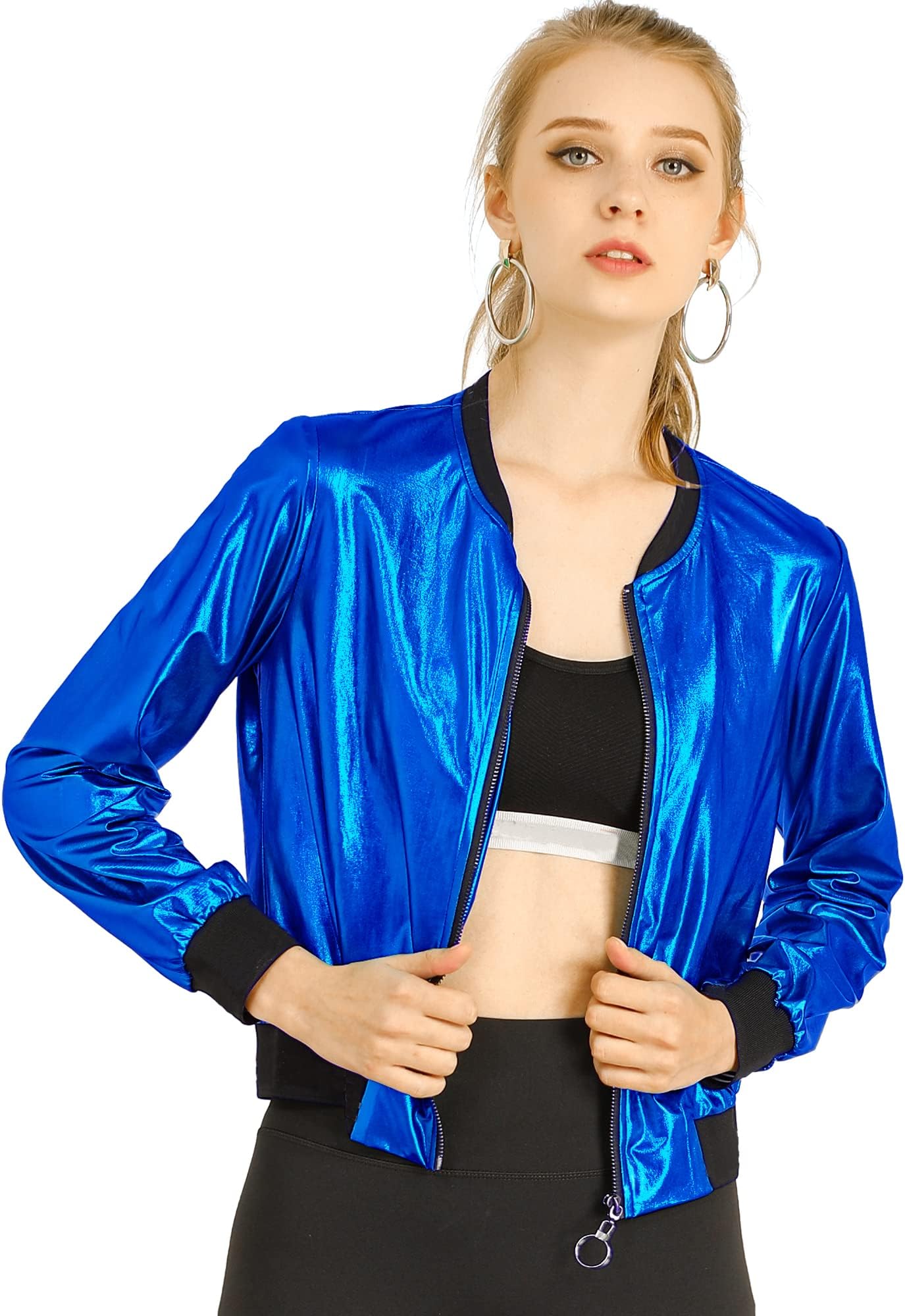Allegra K Women's Sparkly Holographic Lightweight 90S Shiny Metallic Bomber Jacket