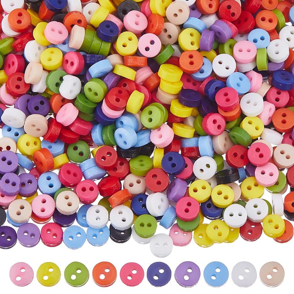 DICOSMETIC 1000Pcs Mini Round Buttons Random Color Tiny Resin Buttons 6mm Doll Cloth Buttons Colorful 2-Hole Buttons Decorative Sewing Buttons for DIY Handmade Craft Art Sewing