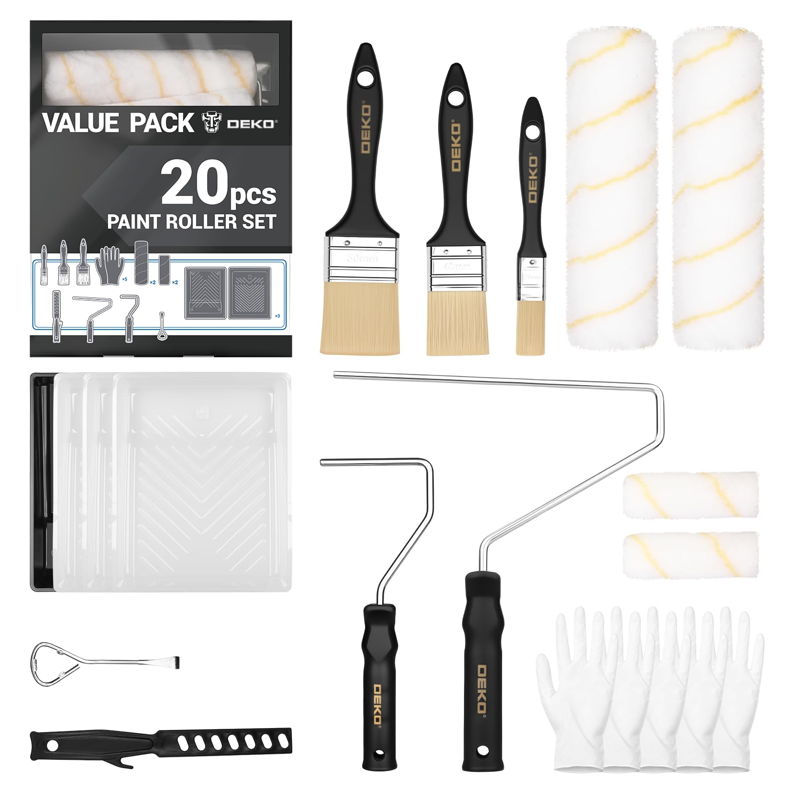 DEKO Paint Roller Set, 20-Pieces Paint Rollers and Trays Sets, Professional Roller Sets for Painting Walls, Garden Fencing, Edges and Home Painting