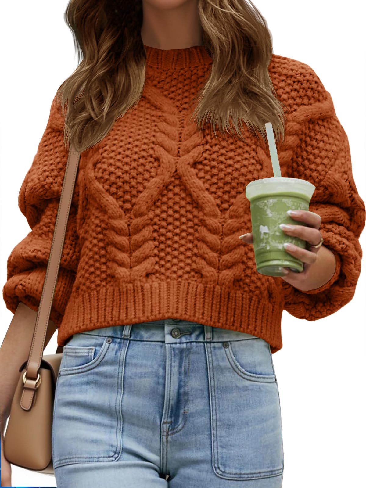 Saodimallsu Womens Cable Knit Cropped Sweater Fall Chunky Puff Long Sleeve Crewneck Loose Casual Pullover Tops