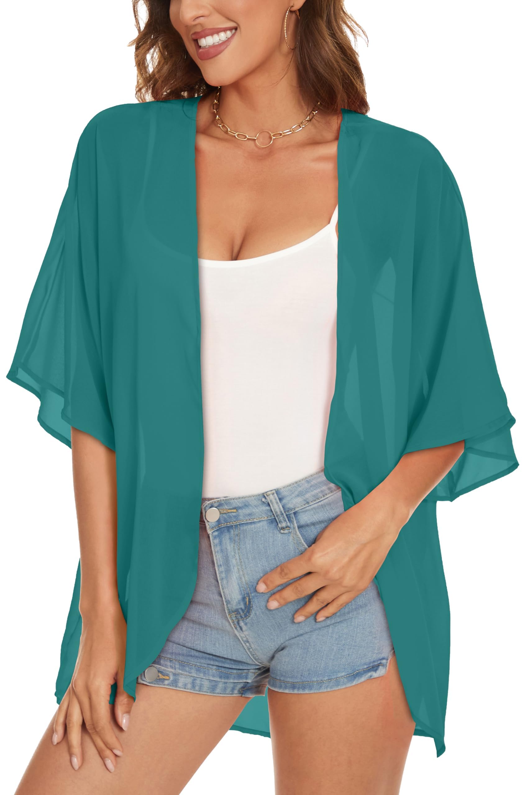 ADOREJOY Women's Tops Summer Kimono Cardigan Floral Print Puff Sleeve Swimsuit Cover Up Casual Loose Fit Blouse — view 15