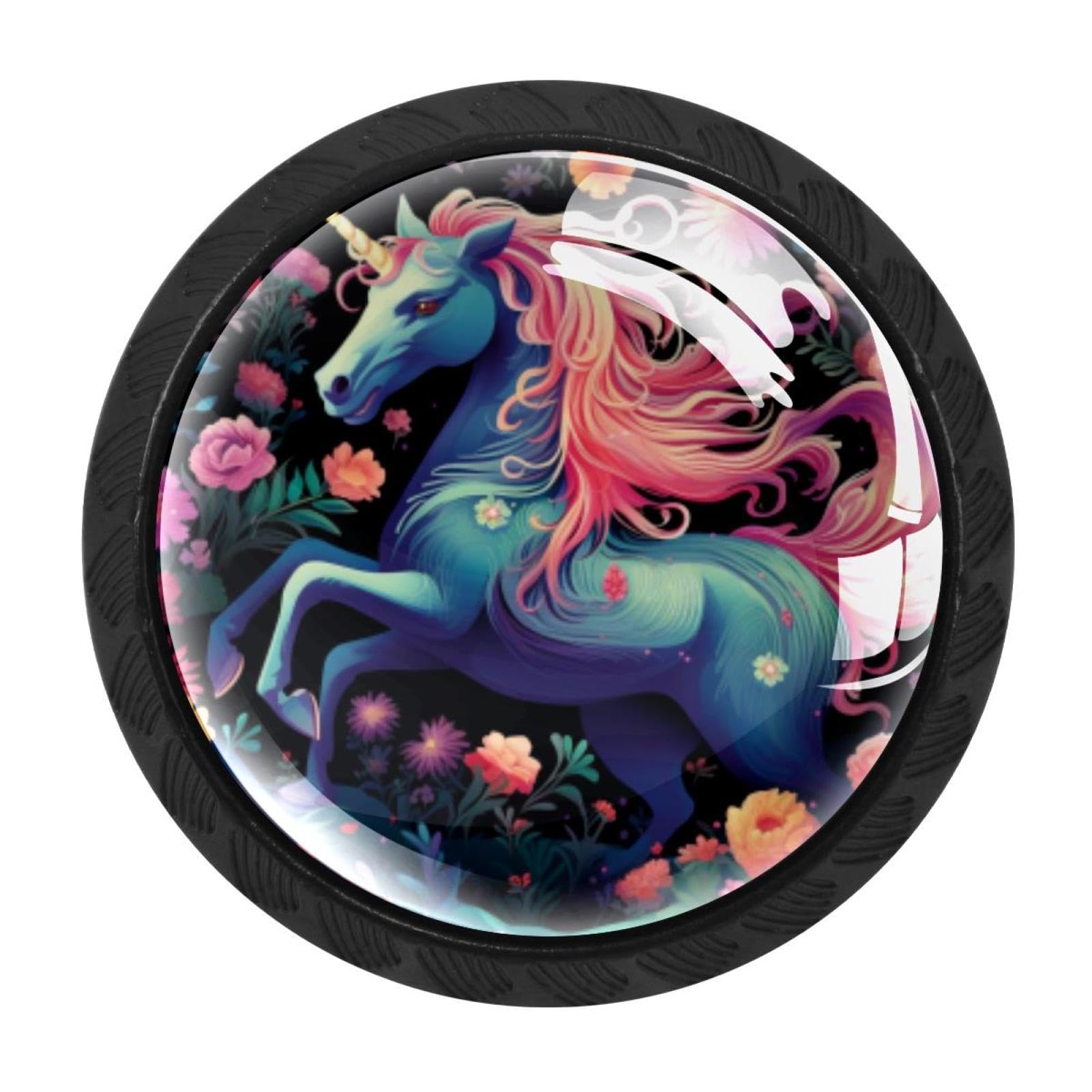 CHENZZZZ 4 Pieces Unicorn Drawer Knobs, 35mm Black Kitchen Cabinet Knobs, Drawer Pulls and Knobs, Glass Cabinet Hardware Single Hole Knob for Cabinets and Drawers Round