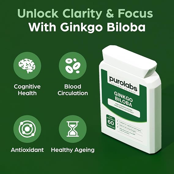 Purolabs Ginkgo Biloba Supplement 6000mg |High Strength 50:1 Ginkgo Biloba Extract | 60 Vegan Capsules for Men and Women | No Fillers | Made in the UK