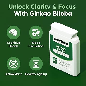 Purolabs Ginkgo Biloba Supplement 6000mg |High Strength 50:1 Ginkgo Biloba Extract | 60 Vegan Capsules for Men and Women | No Fillers | Made in the UK