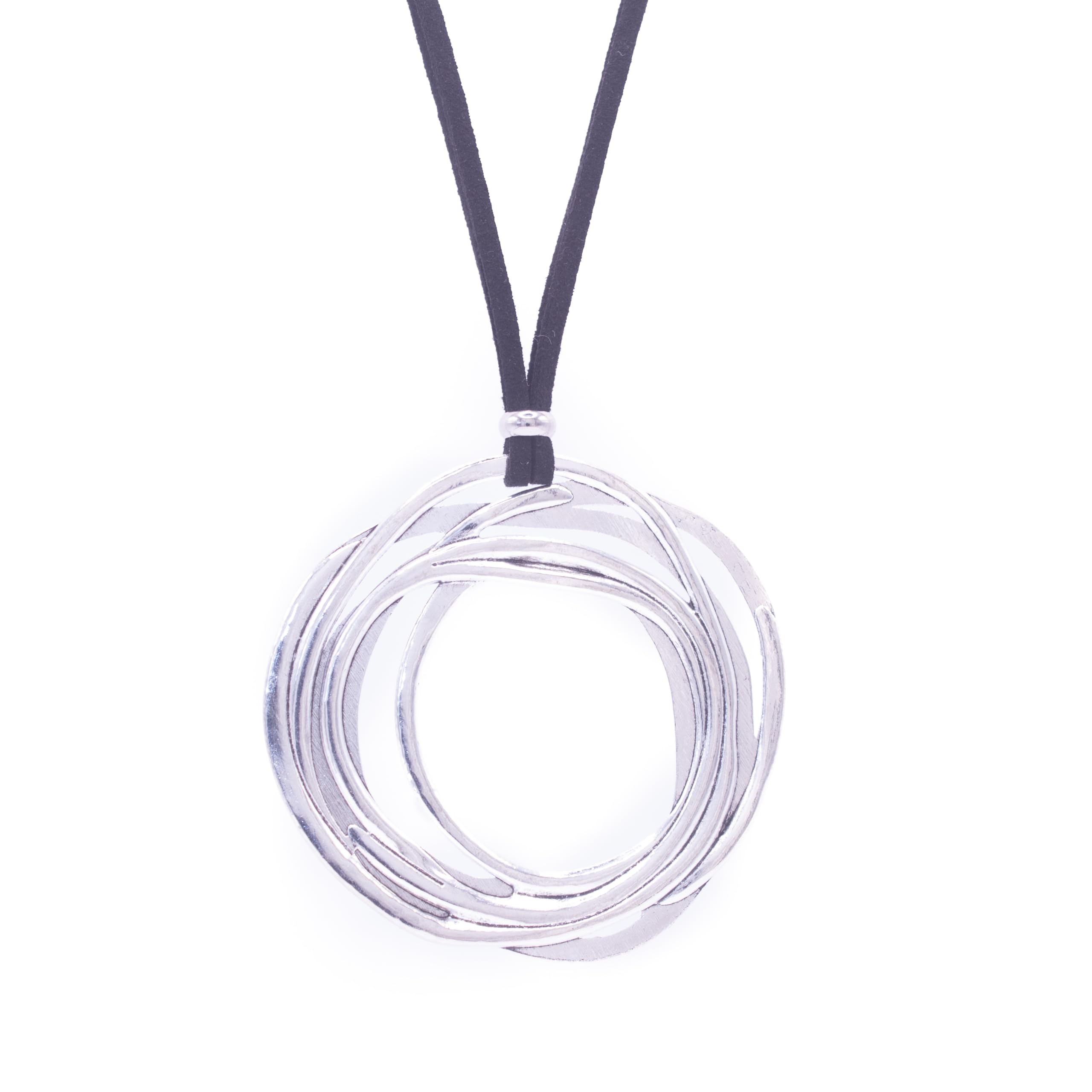 NILUXE DESIGN Colgante mujer círculos espiral plata tibetana - Collar mujer espiral - Colgante mujer grande círculos irregulares - Ajustable doble cinta antelina negra - Bonito para lucir e ideal para regalo