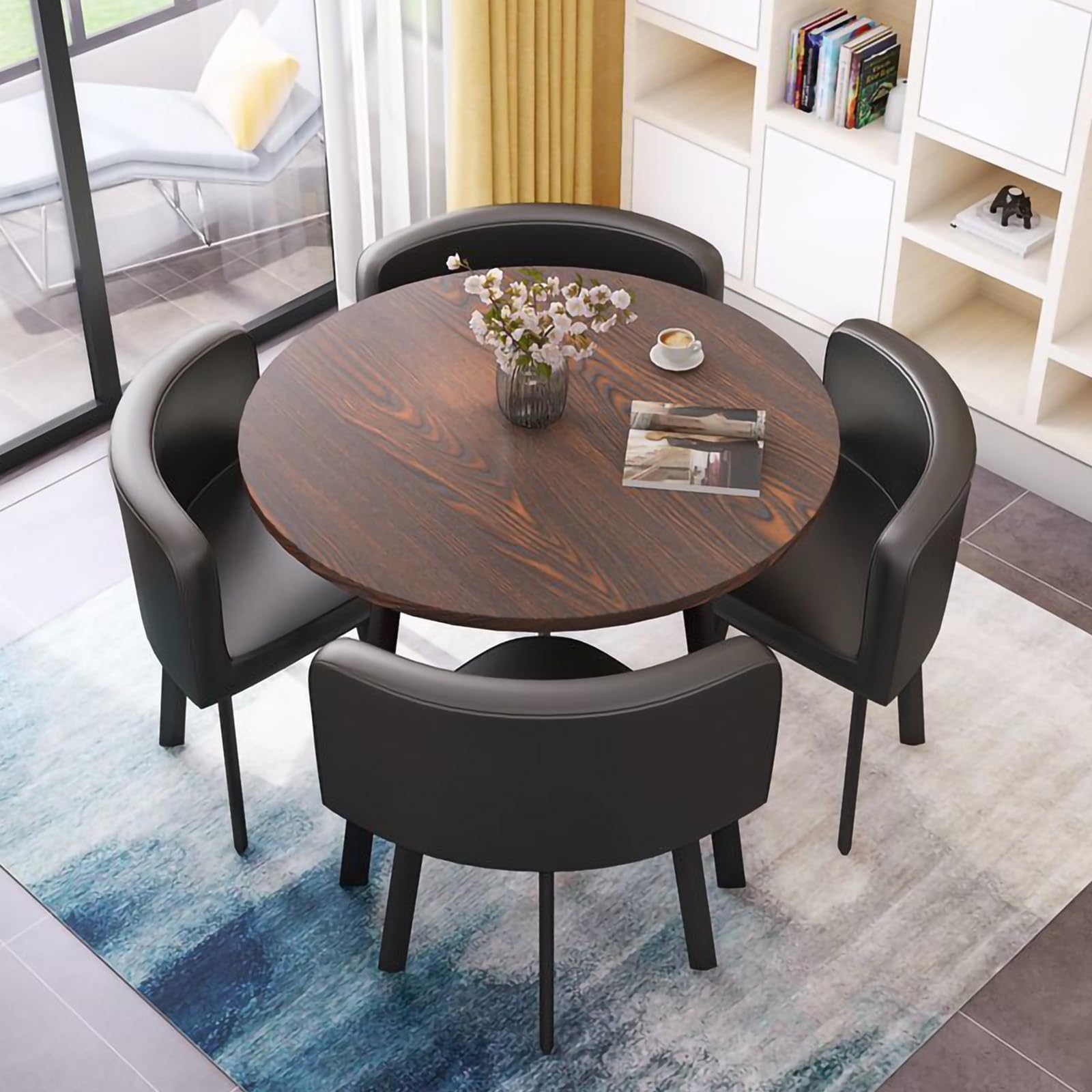 WOOOFA Round Dining Table Set for 4, Faux Marble Conference Table and Chairs Set, Kitchen Table Chairs Set with Strong Metal Frame, Space-Saving,