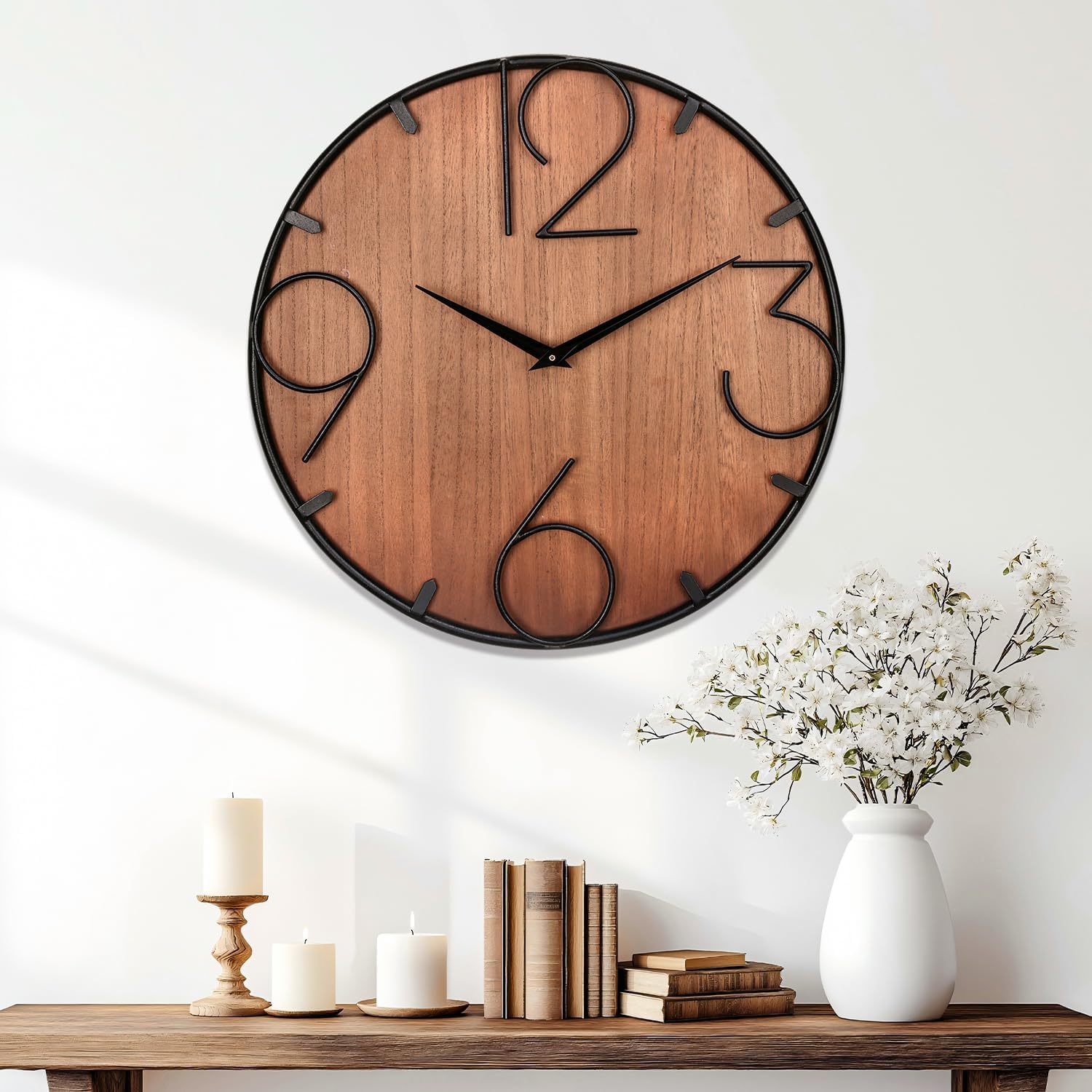 Clocks for Living Room, 24'' Modern Large Wall Clock, Silent, Non-Ticking Battery Operated Clock, Use Wood and Metal Frame, for Bedroom, Kitchen, Office and Hallway Decor