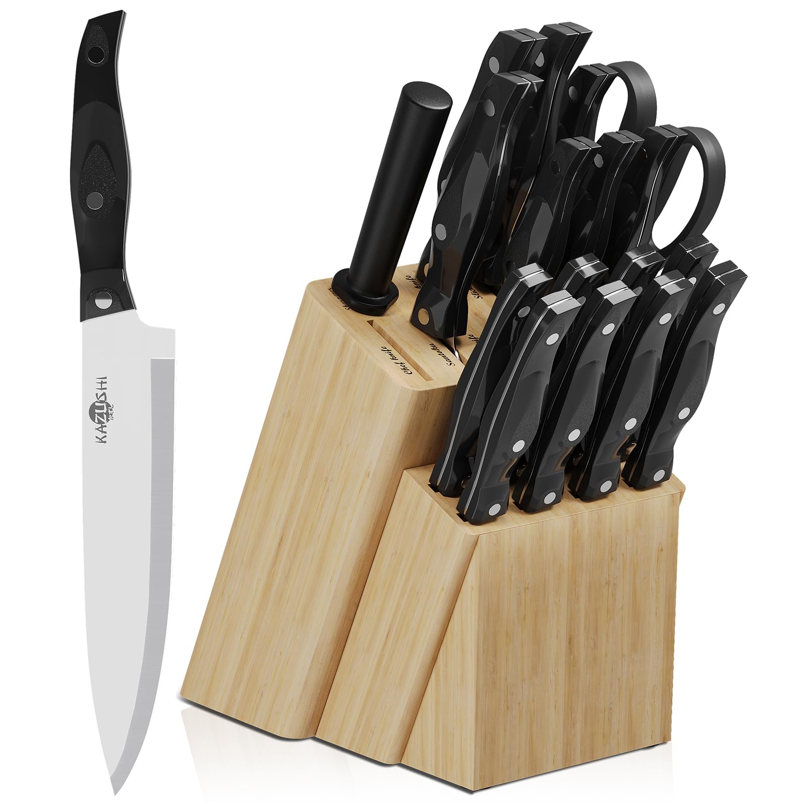 KAZUSHI Messerblock Set 19-teiliges Edelstahl Kochmesser Set mit Holzblock | Profi Küchenmesser set, Küchenset, Geschenke Scharfe