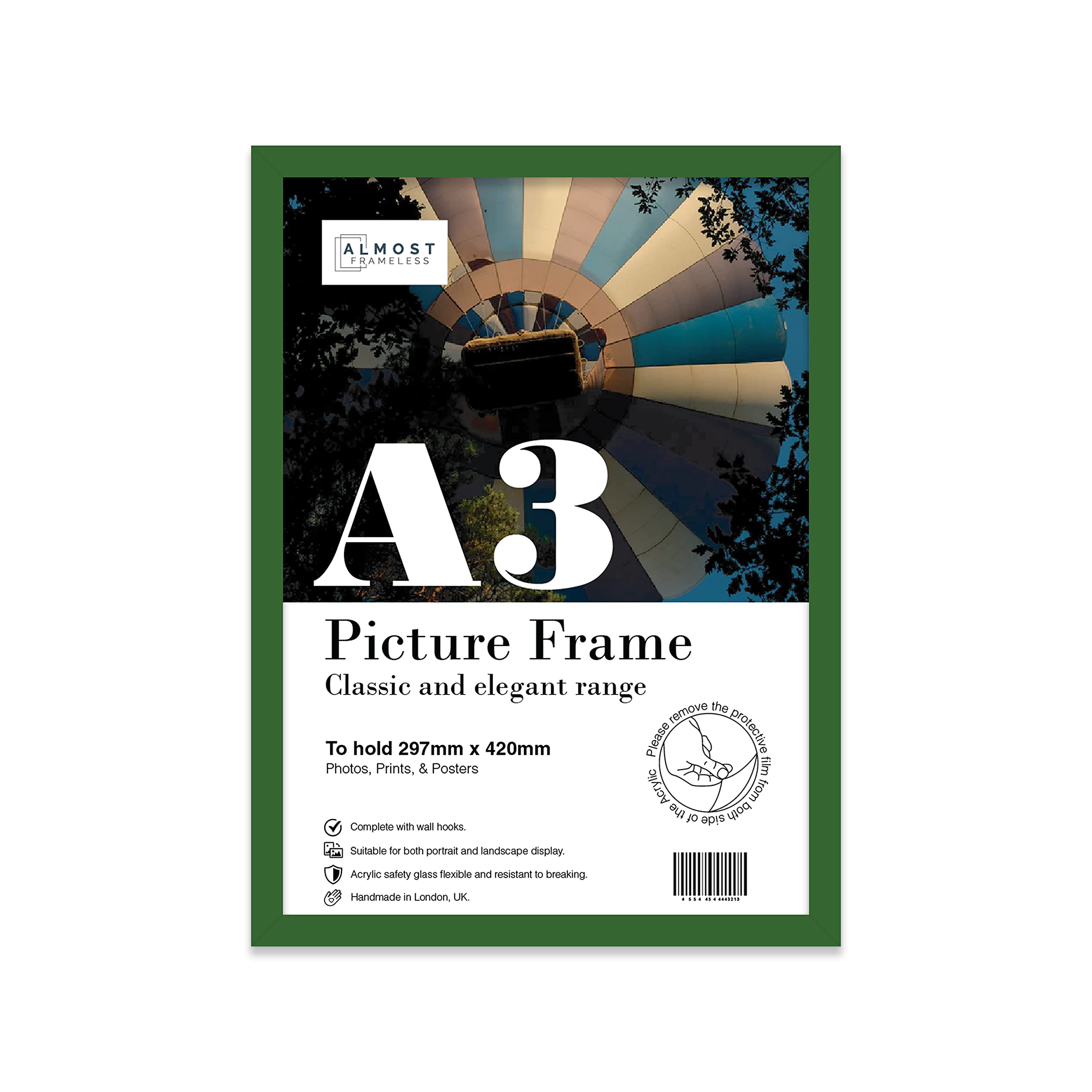 Almost Frameless A3 Green Picture Frame, Fits A3 (29.7 x 42cm - 11.7 x 16.5in) Poster, Photo, or Print. Portrait and Horizontal Wall Hooks