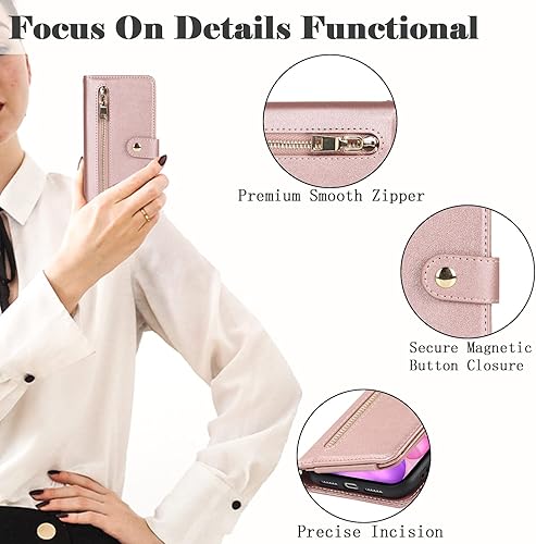 Miniatura 4 de Havaya Funda para iPhone 12 con tarjetero, para iPhone 12 Pro, funda tipo cartera para mujer, funda tipo cartera con cremallera y ranuras para