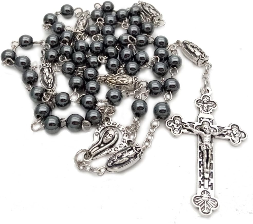 6mm Non Magnetic Hematite Beads Necklace Madonna Retro Cross Catholic Religious Rosary Beads