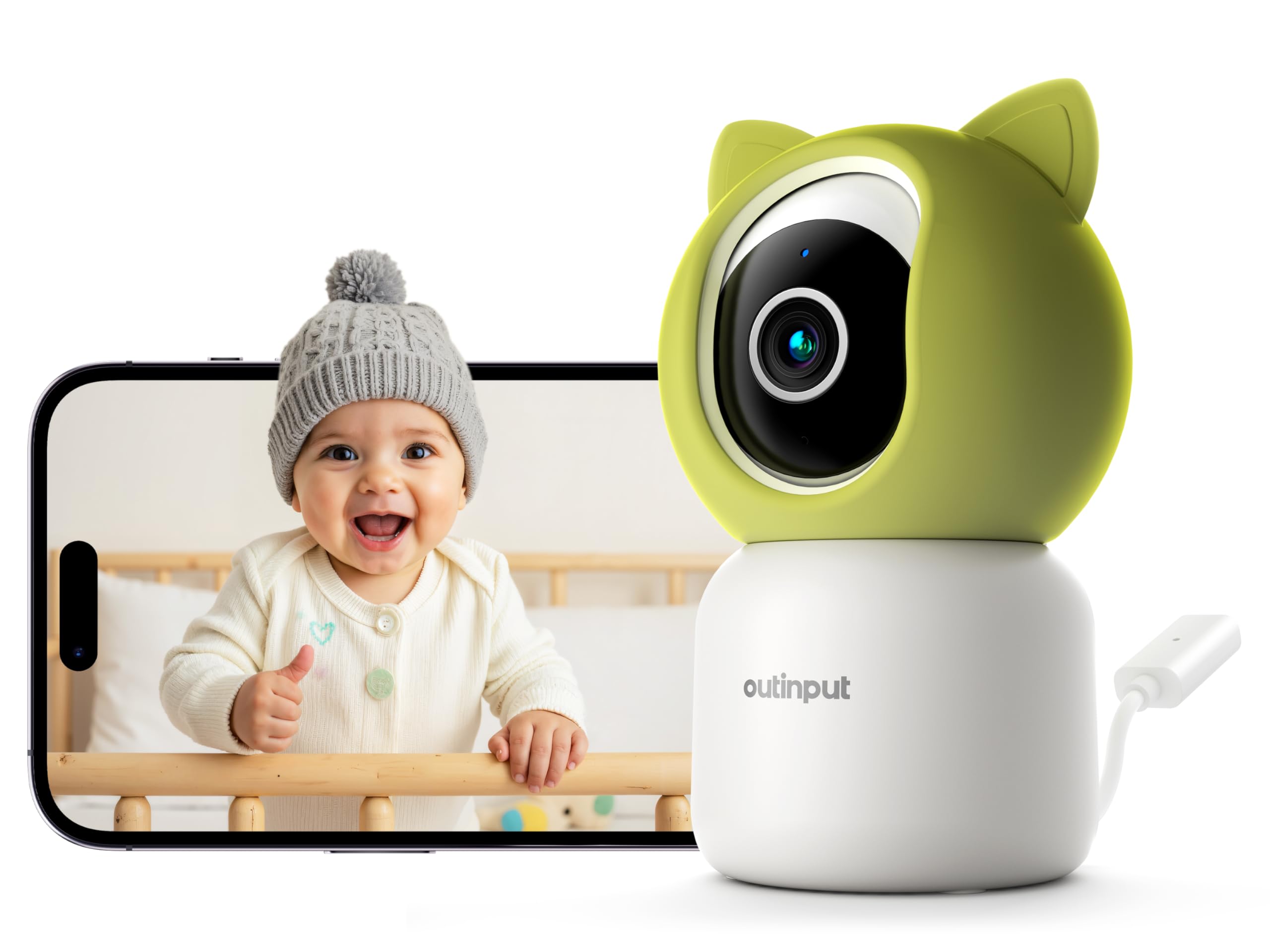 Outinput 2K/4MP WLAN Babyphone mit Kamera App, 360° Baby Monitor with Camera, Fütterungserinnerung, Schlaflieder, Farb-Nachtsicht,2-Wege-Audio, Nachtsicht, Bewegungs/Weinen/Temp/Feuchtigkeitserkennung