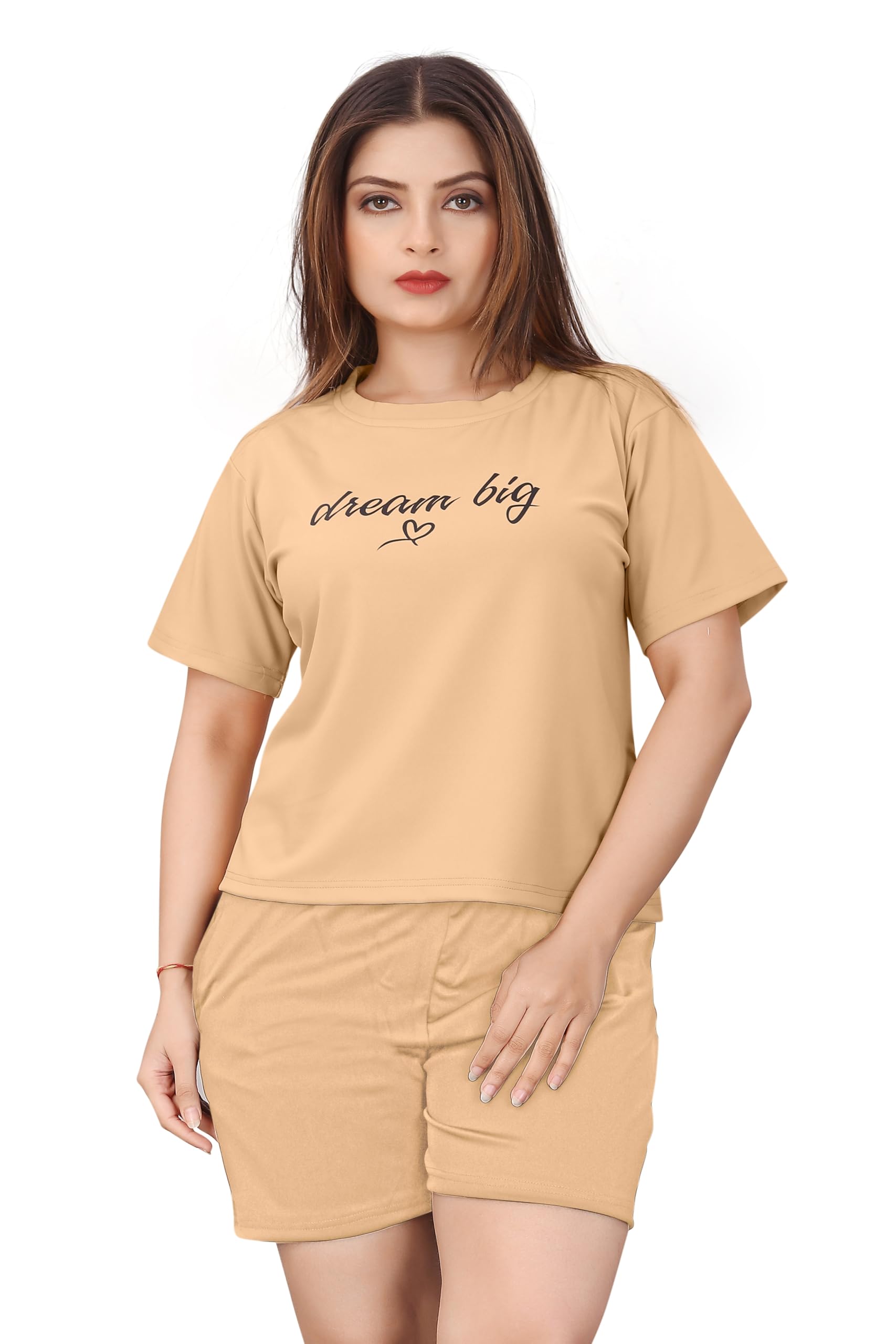 Zippstyle Women's Cotton Blend Night Suit | Round Neck Half Sleeve Top & Shorts | Dream Big Graphic Print | Cream & Cream | S-XXL-image-37