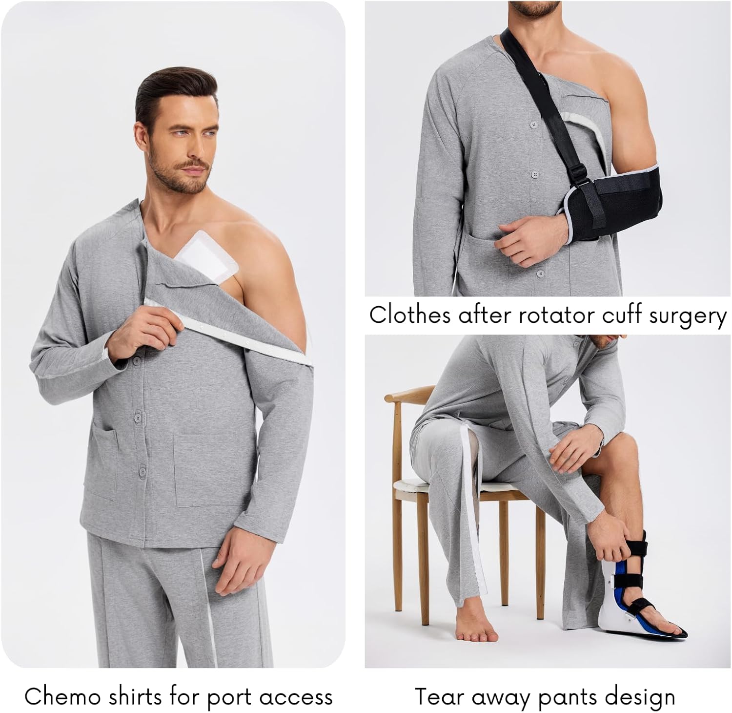 Deyeek Post Shoulder Surgery Shirts for Men Chemo Port Shirts Dialysis Patient Care Tear Away Cotton Pajamas Set