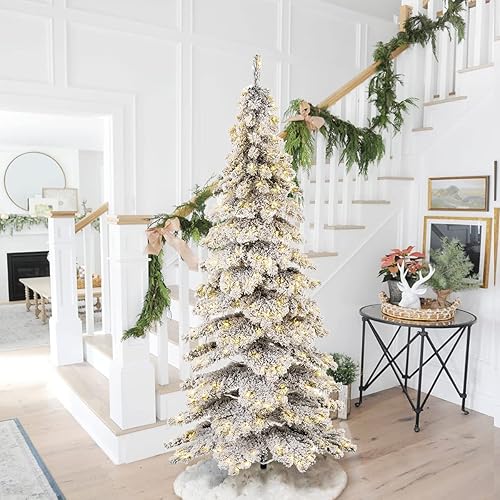 Miniatura 7 de Glitzhome Árbol de Navidad artificial de abeto flocado preiluminado de 7.5 pies, árbol de abeto de nevada elegante de Navidad grande con 350 luces