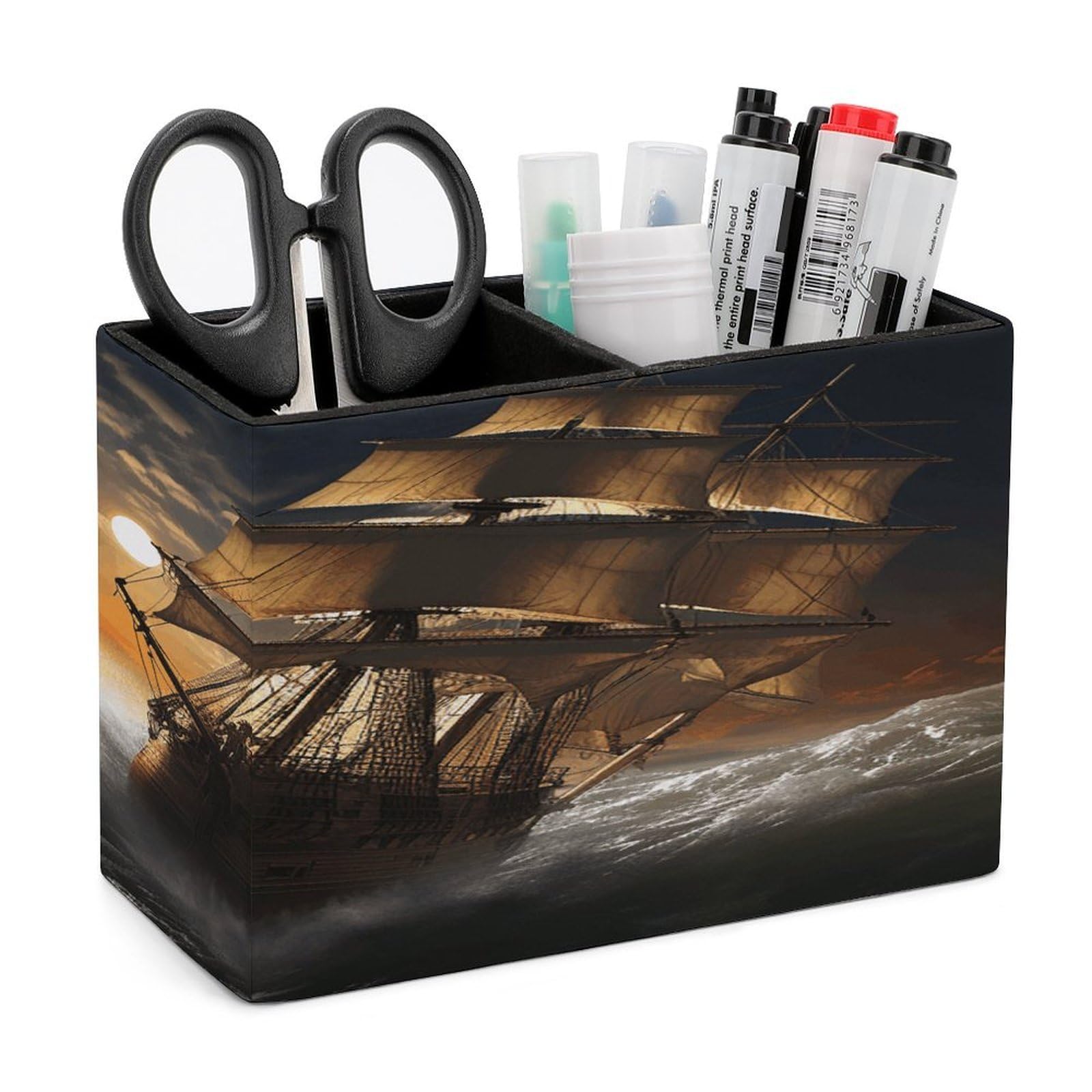 VstaDank Sailing Ship in Storm Pen Holder Double Compartments Pen Cup Fashion Makeup Brush Holders Leather Pencil Holder for Work Locker Accessories Modern Pencil Cup for Desk Organizer