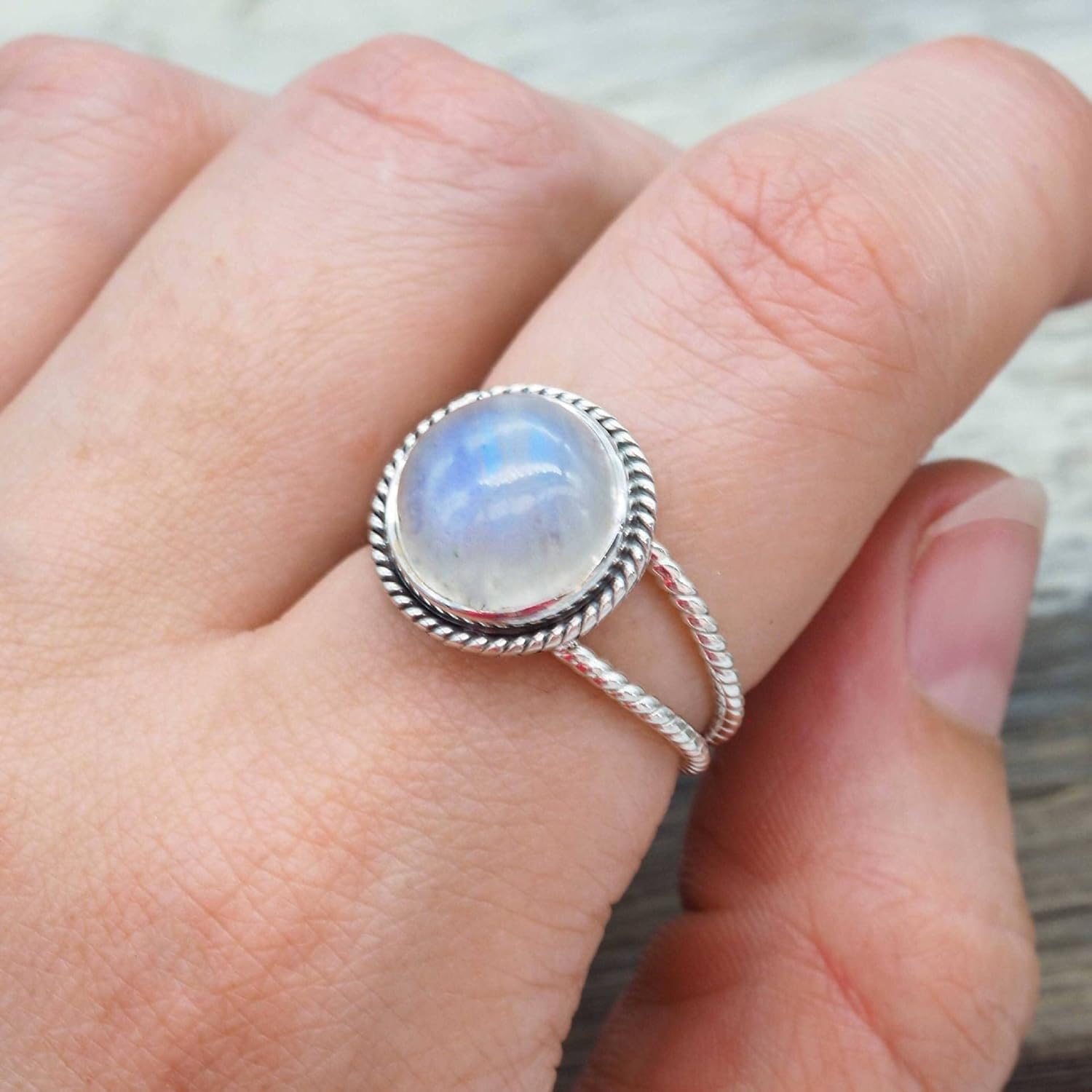 9MM Vintage Round Moonstone 925 Sterling Silver Ring for Women Statement Band Finger Minimalist Vintage Handmade Victorian Style Solitaire Casual Promise Ring（6#） - Image 6