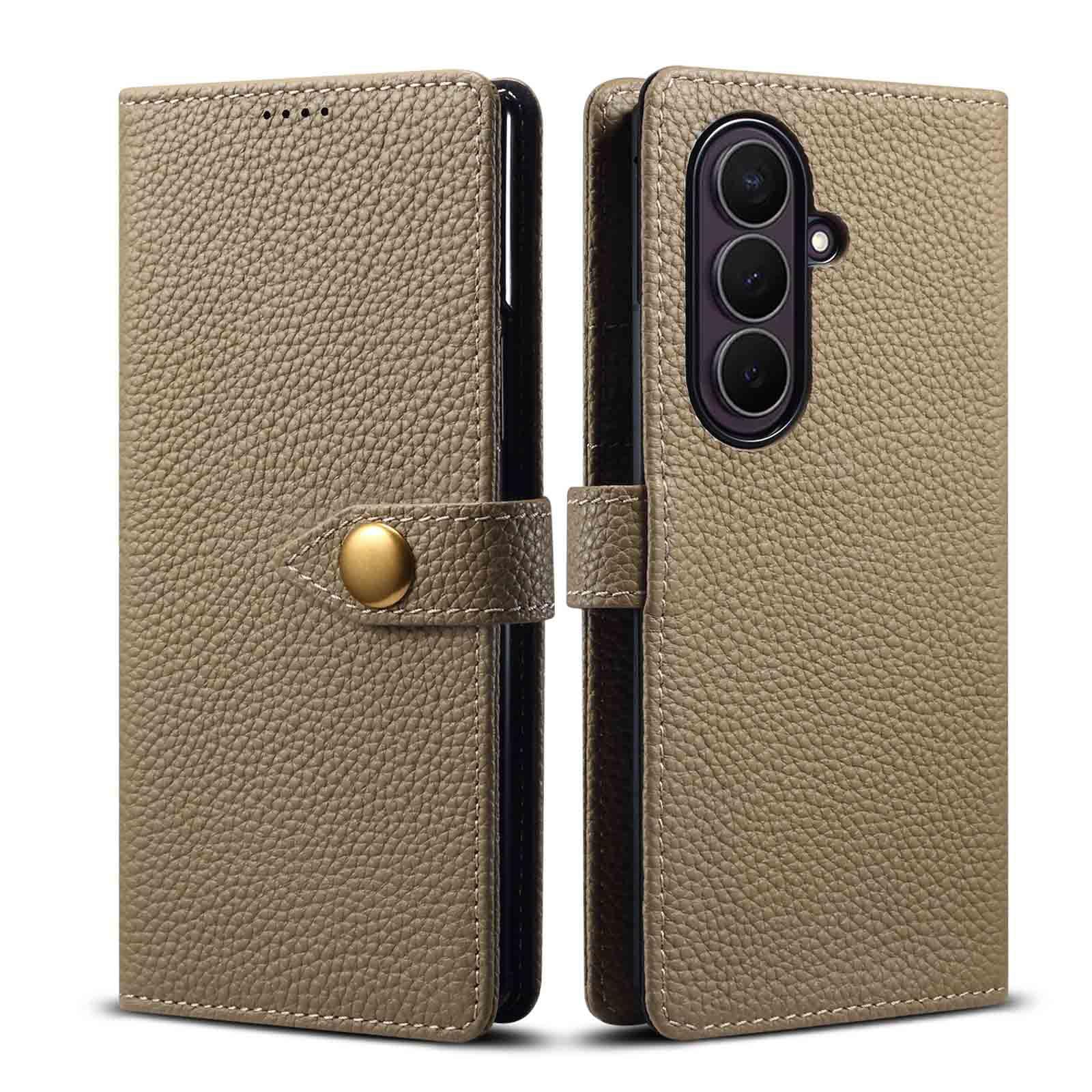 Funda con Tapa For Samsung Galaxy Z Fold 8 Ultra, Funda De Cuero Genuino Textura Litchi Ranuras For Tarjetas Cierre Magnético Forro De Fibra Carcasa De Protección contra Caídas(Gold)