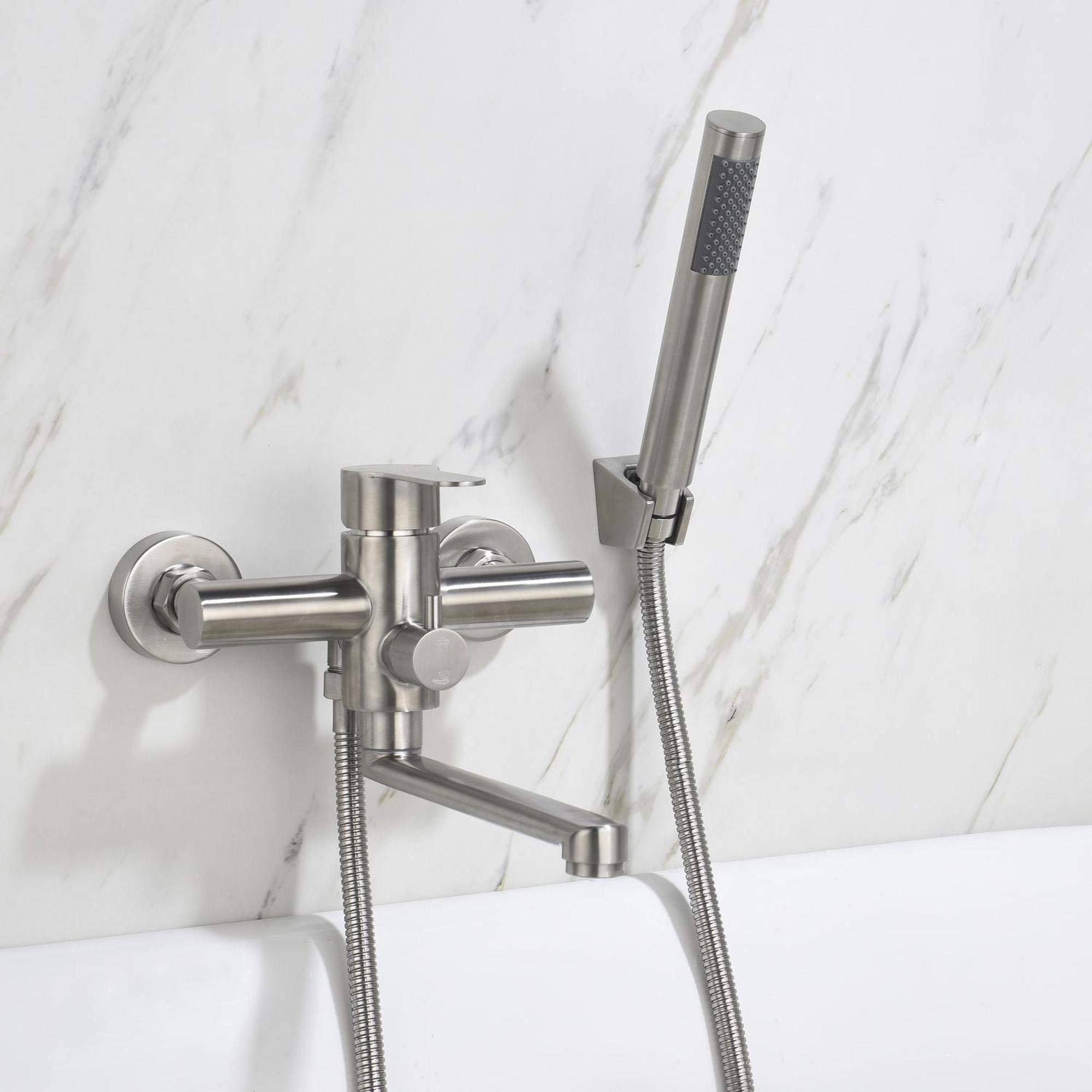 HomeLava Grifo Bañera y Ducha, Grifo de Bañera con Alcachofa de Mano Monomando Redondo de Acero Inoxidable 304, Instalación en pared, Cepillado(Longitud de La Boca 23 cm)