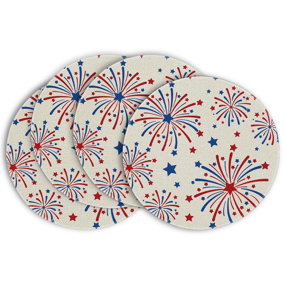 Artoid Mode Stars Fireworks 4th of July Round Placemats Set of 4,14 Inch Patriotic Memorial Day Table Mats for Party Kitchen Dining Decoration