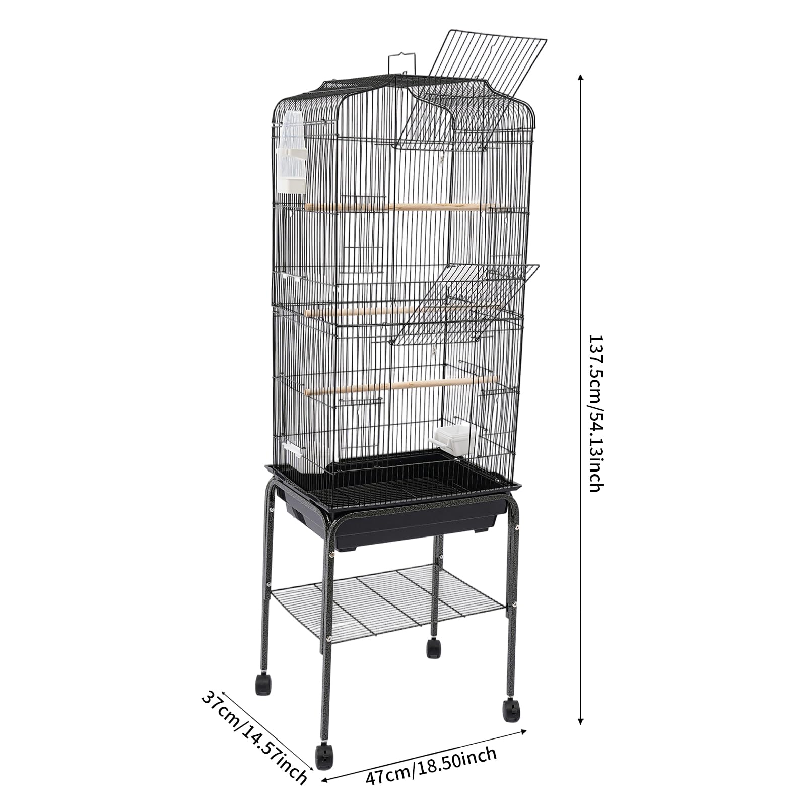 Grande gabbia per uccelli, 47 x 37 x 137,5 cm, con supporto e 4 ruote (2 con freno), gabbia per pappagalli con 4 ciotole, per pappagalli, pappagalli, canarini, fringuelli