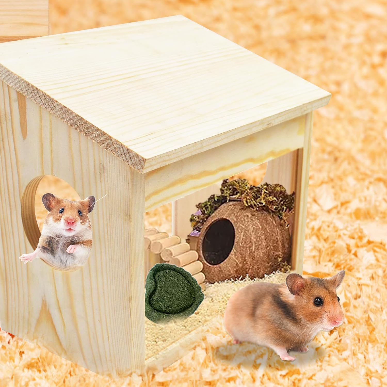 Sand Bath Box for Hamster,Visible Small Animal Digging Box Wooden Chinchilla House Hideout Dust Bath Hamster Bathroom Accessories with Acrylic Plate Chew Toys for Dwarf Syrian Gerbils Mice