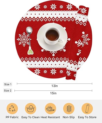 Miniatura 7 de Paquete de 2 manteles individuales redondos trenzados, telón de fondo rojo con copos de nieve blancos de 15 pulgadas, lavables, resistentes al