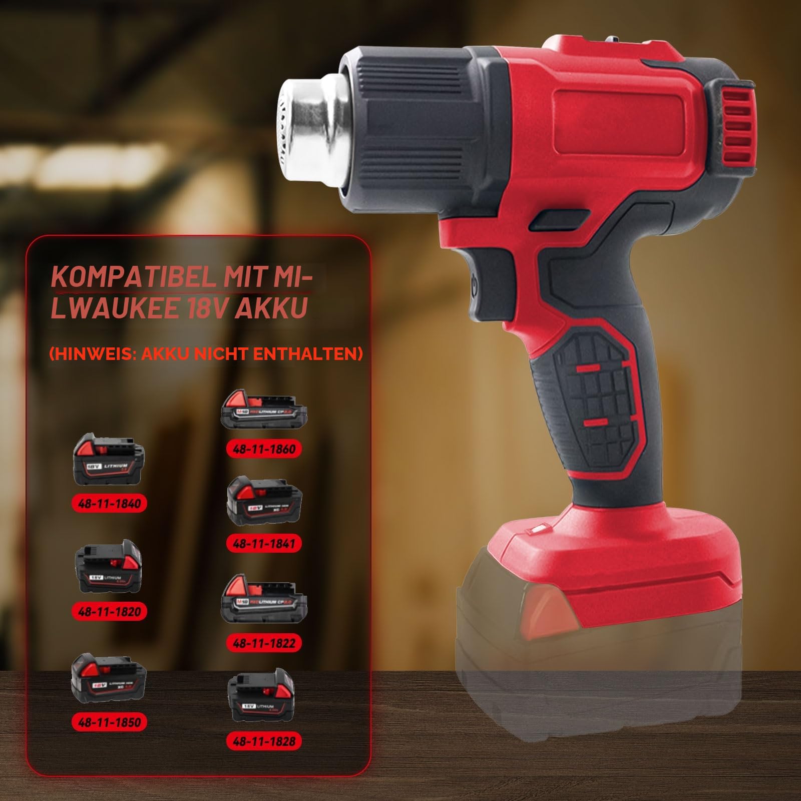 Akku-Heißluftpistole für Milwaukee 18 V Akku, schnurlose Heißluftpistole mit LCD-Display und 5 Düsen, 50 °C - 550 °C, variable Temperaturregelung zum Schrumpfen von PVC, Basteln (keine Batterie)