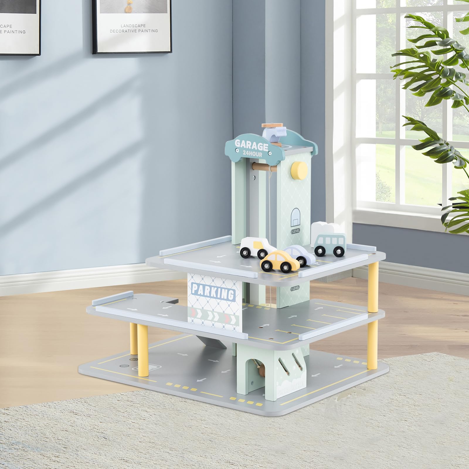 HOMASIS Set di garage a 3 piani, parcheggio in legno con 4 auto, eliporto, stazione di servizio, ascensore, lavaggio auto, garage giocattoli di ruolo per bambini dai 3 anni in su, 50 x 40 x 47 cm,