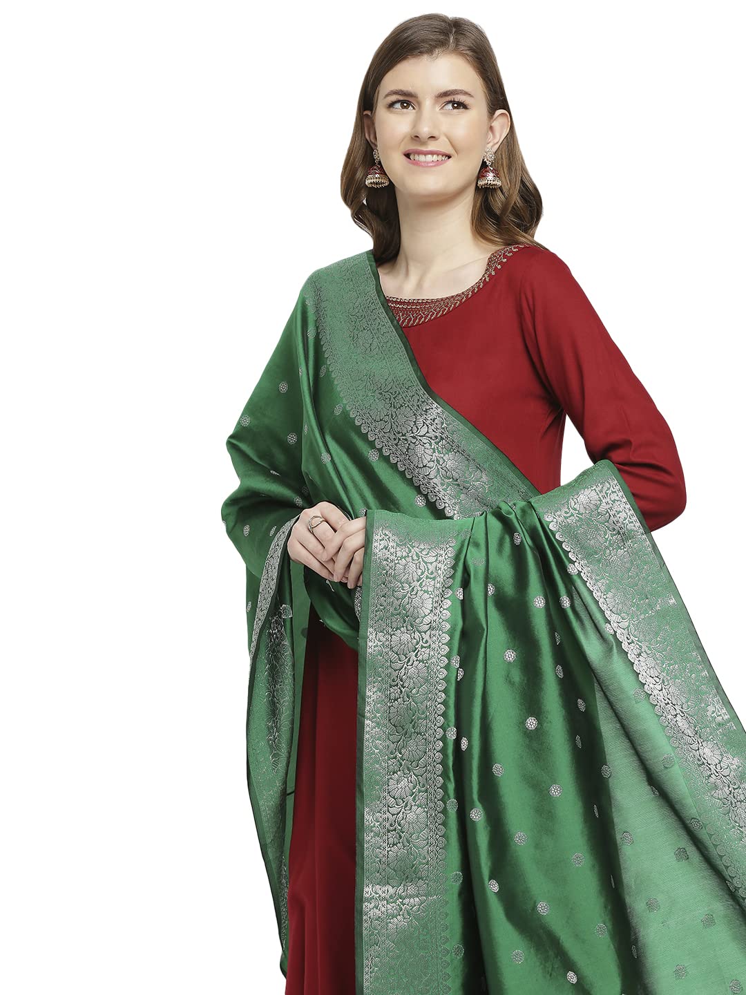 Women's Green Banarasi Silk Dupatta.-image-25