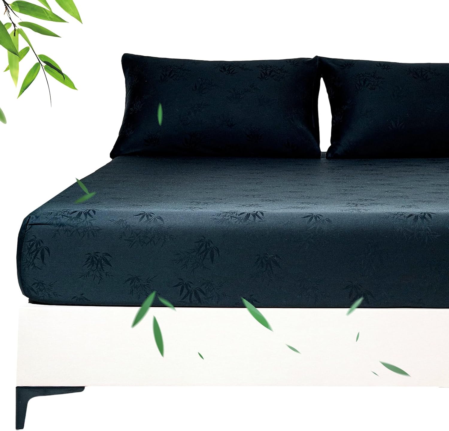 YIYEA 100% Viscose Derived from Bamboo Fitted Sheet with Pillow Cases for Hot Sleepers, 400TC Jacquard Cooling Fitted Bottom Sheet, 16" Deep Pocket, Silky Soft and Breathable, Queen, Black