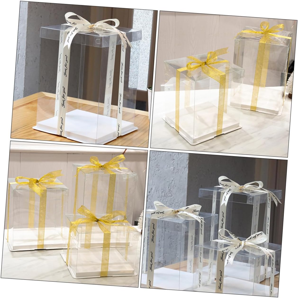 4 Pieces 8-inch Birthday Cake Boxes with Ribbon Elevated Plastic Cake Carriers for Bakery Packaging and Random Color