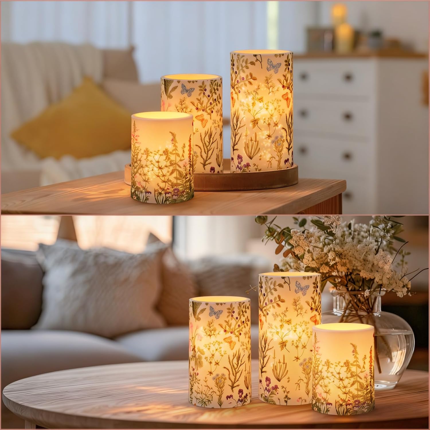 Baquler Wildflowers Floral Spring Glass Flameless Candles with Remote Timer Battery Operated LED Flickering Pillar Seasonal Summer Butterfly Dinner Holiday Decor