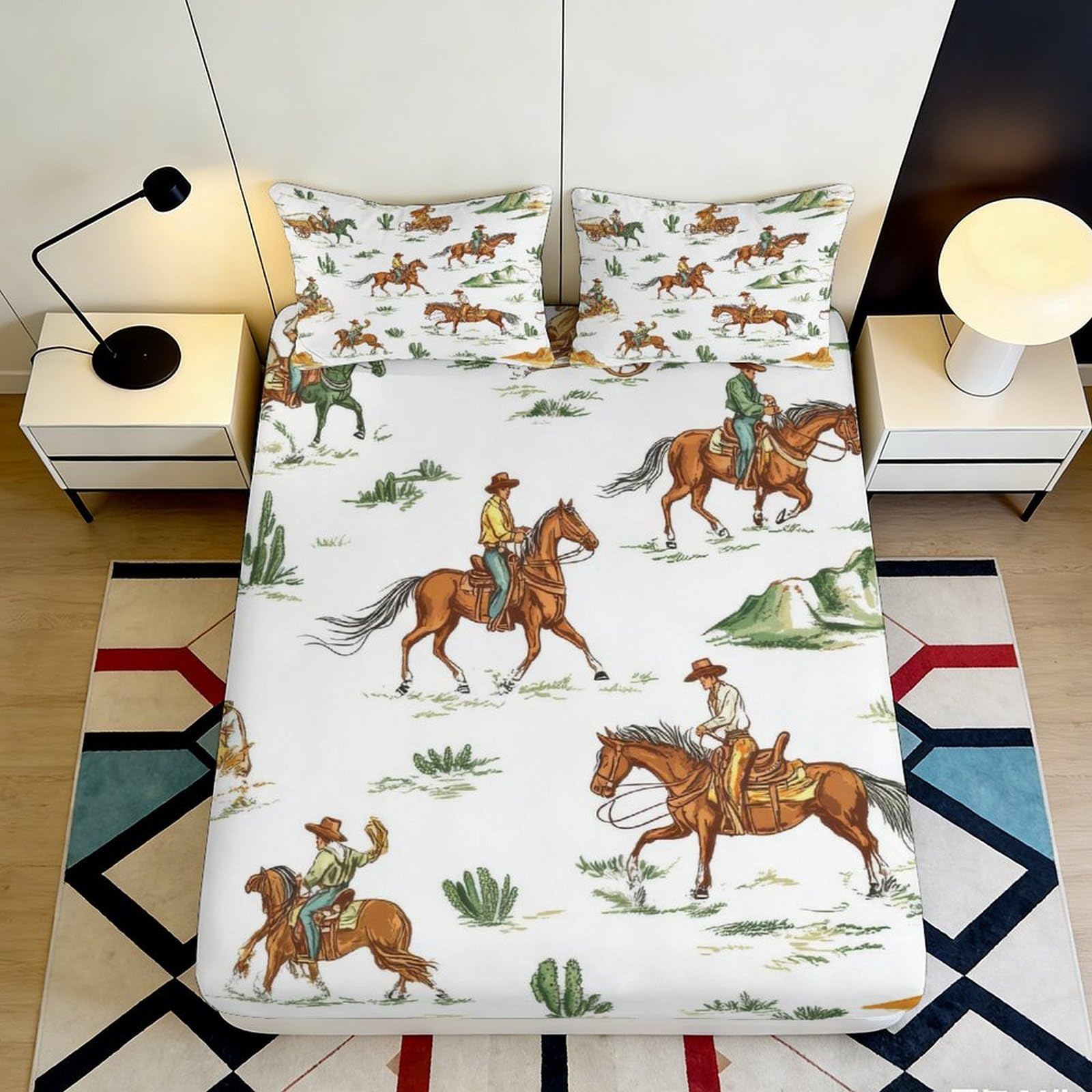 3D Printed Cowboy Horse Fitted Sheet Microfiber Soft Breathable Western Ranch Bed Cover for Bedroom Dorm Decor 90x200x25cm