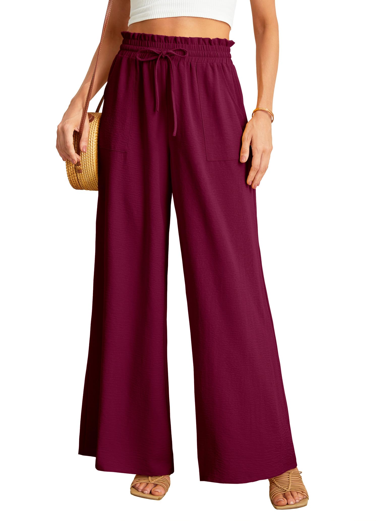 JINKESI Women Wide Leg Pants High Waist Loose Flowy Adjustable Tie Knot Trousers Business Casual Pants with Pockets