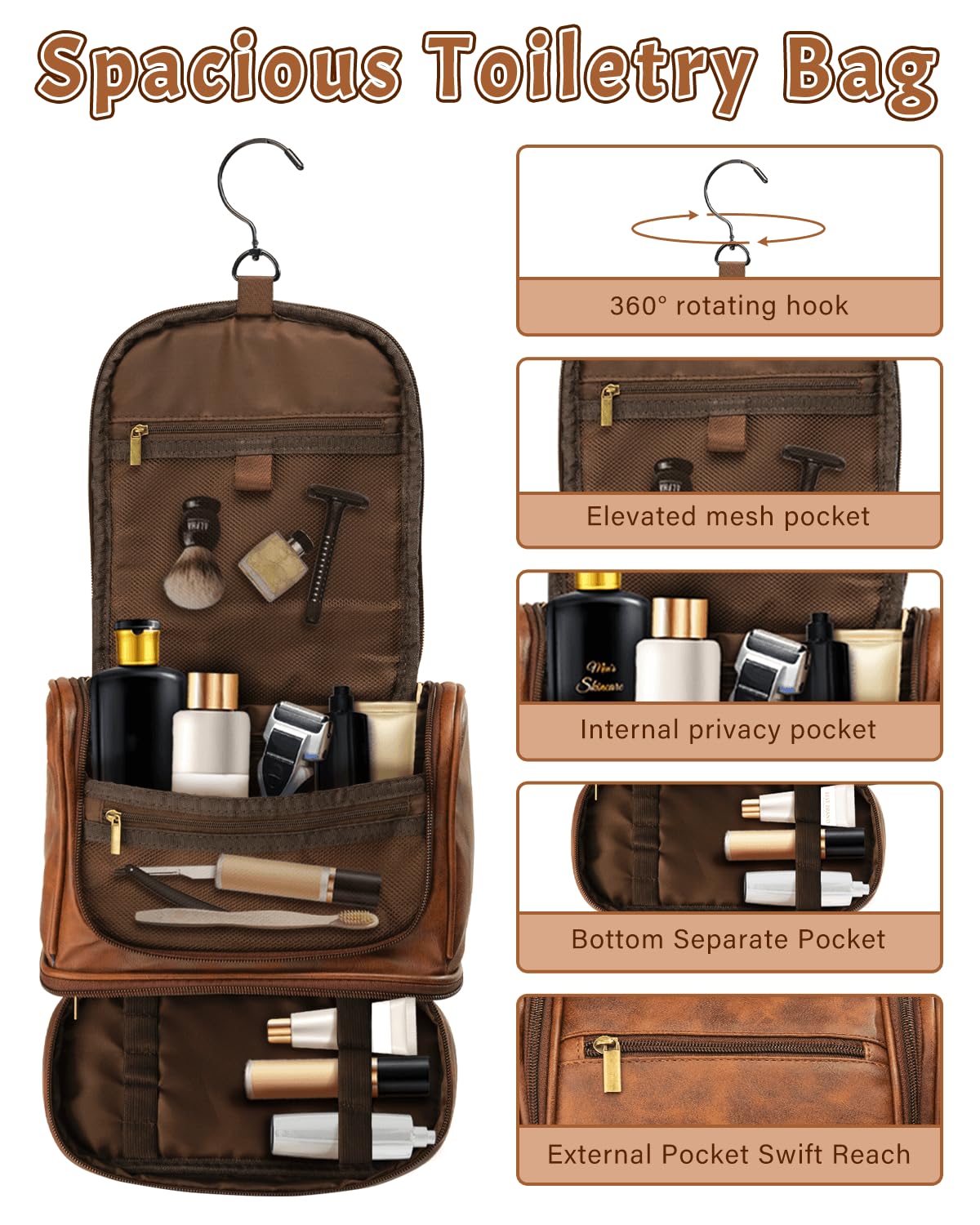 Sparklove Personalized Leather Toiletry Bag for Men, Custom Engraved Travel Kit