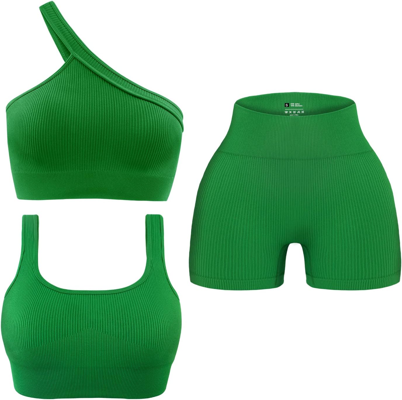 OLCHEE Womens 3 Piece Workout Sets - Seamless Ribbed Yoga Outfits Sports Bra One Shoulder Top Biker Shorts Gym Athletic Cloth