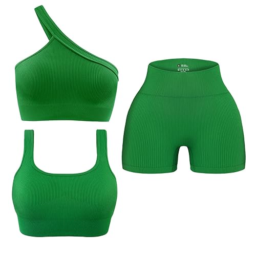 OLCHEE Womens 3 Piece Workout Sets - Seamless Ribbed Yoga Outfits Sports Bra One Shoulder Top Biker Shorts Gym Athletic Cloth - Green - Medium