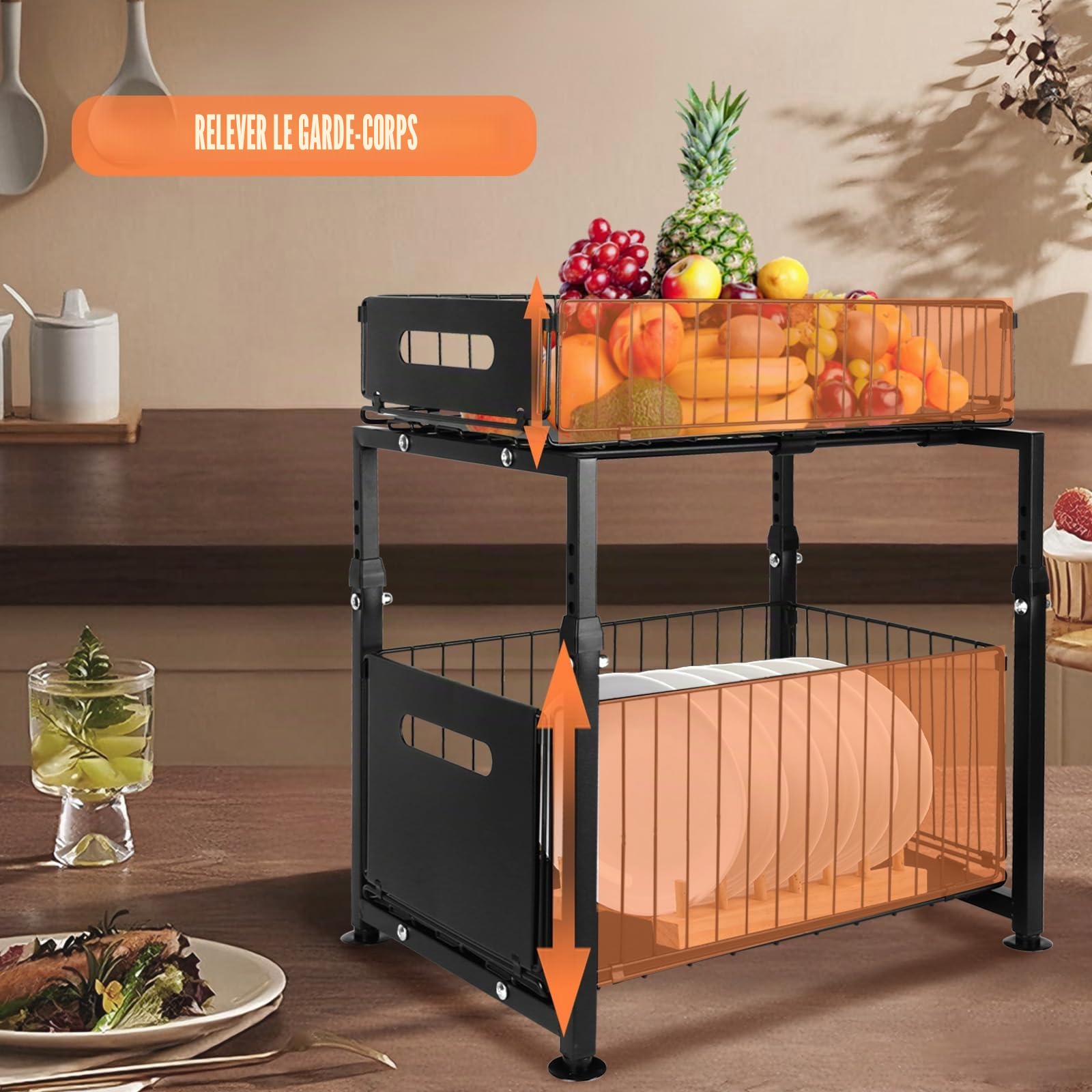 HUOLE Organisateur sous Evier Cuisine, Meuble De Rangement, Rangement Coulissant sous Evier Réglable en Hauteur, pour Cuisine Et Salle De Bain,29 x 38 x 49 cm (Noir)