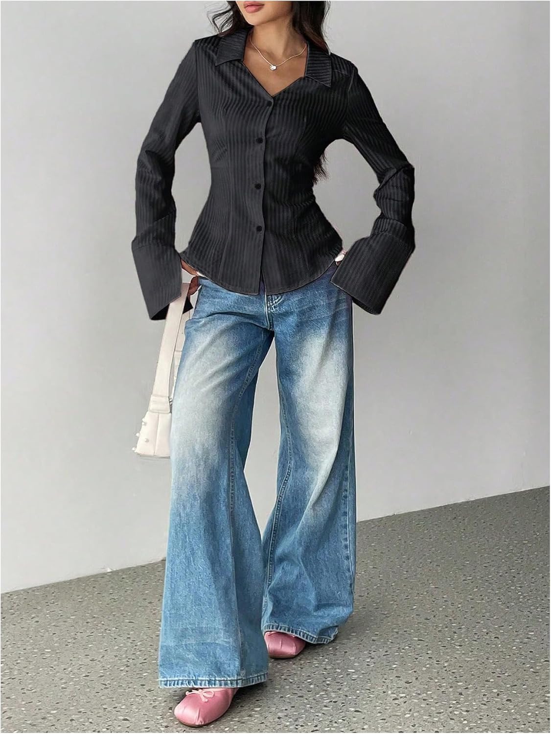 SHENHE Women's Striped Button Down Long Sleeve Pinstripe Shirt V Neck Dressy Office Blouse - Image 5