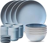 Corelle Stoneware Dinnerware Set, Handmade Reactive & Solid Glazed Ceramic Plates and Bowls, Modern Rustic Style Round Dishes, Service for 4, Nordic Blue 16 Piece Set