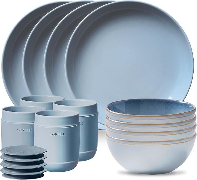 Corelle Stoneware Dinnerware Set, Handmade Reactive & Solid Glazed Ceramic Plates and Bowls, Modern Rustic Style Round Dishes, Service for 4, Nordic Blue 16 Piece Set