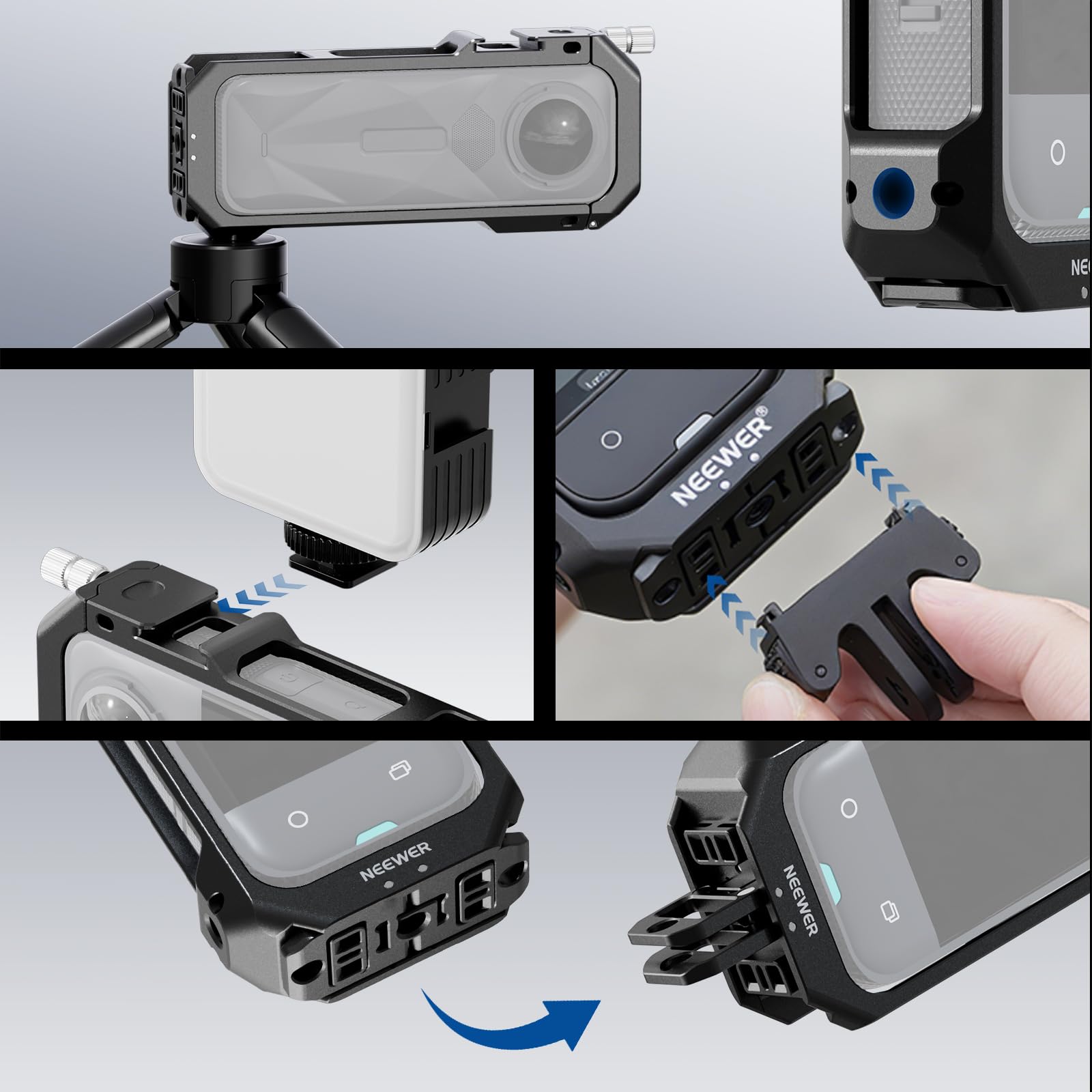 NEEWER Gabbia Fotografica per Insta360 X5, Custodia Protettiva, Telaio Lega Alluminio per Video Rig con Sgancio Rapido, Adattatore Montaggio, Filettature 1/4", Paraluce, Accessori per Action Camera