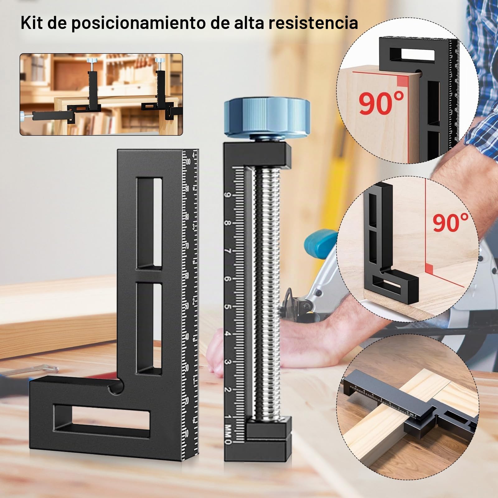 Escuadra de Posicionamiento 90°, Juego de 4 Piezas Fabricada en Aleación de Aluminio Sargentos de Apriete con 8 Ajustadores de ángulo Herramientas para Carpintería Bricolaje y Manualidades