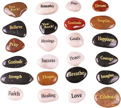 ROCKIMPACT 24pcs Inspirational Faith Stones Novelty Engraved Shiny Polished Natural River Rocks Healing Stone Different Words Wholesale Bulk lot, Set of 24, 2-3 Each