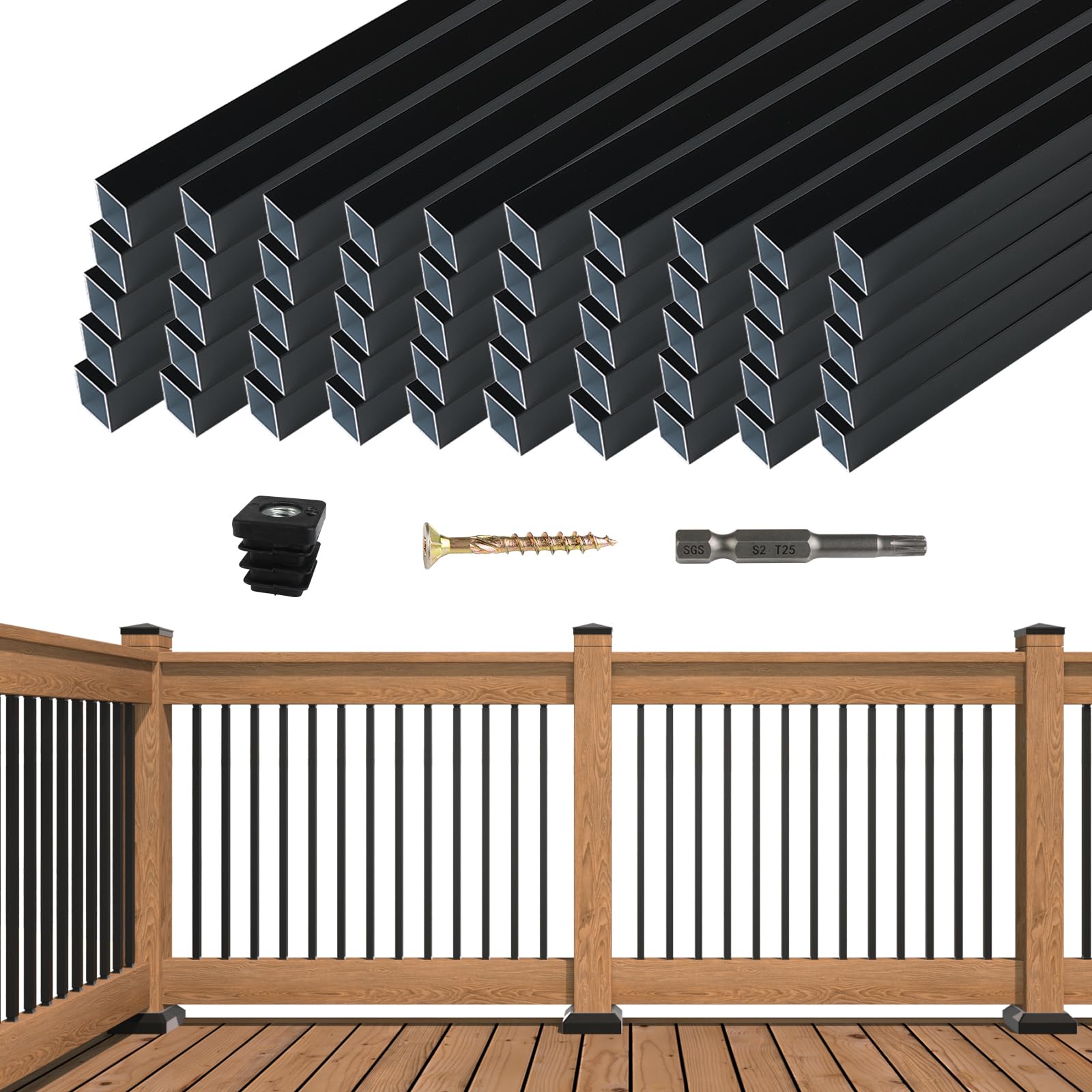 Muzata 50Pack 36" Aluminum Deck Balusters Square Black Deck Railing Stair Porch Staircase Spindles 0.039" Diameter Hollow for Wood and Composite Deck, WT13