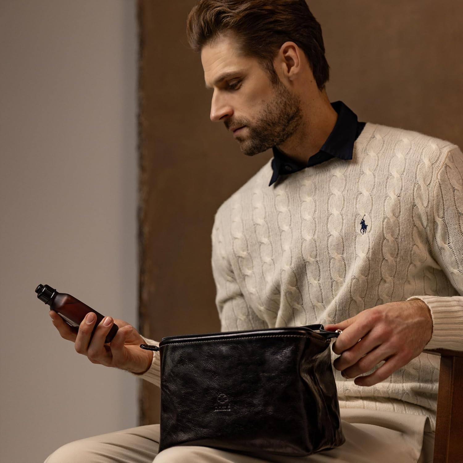 Time Resistance Leather Toiletry Bag Cosmetic Case Italian Classy Dopp Kit - Image 3