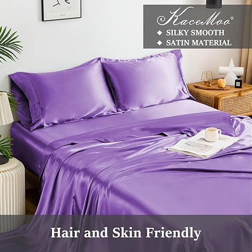 Miniatura 2 de KACEMOO Sábanas de satén tamaño King, suaves y lujosas, juego de sábanas de satén refrescante, juego de sábanas de 4 piezas de bolsillo profundo,