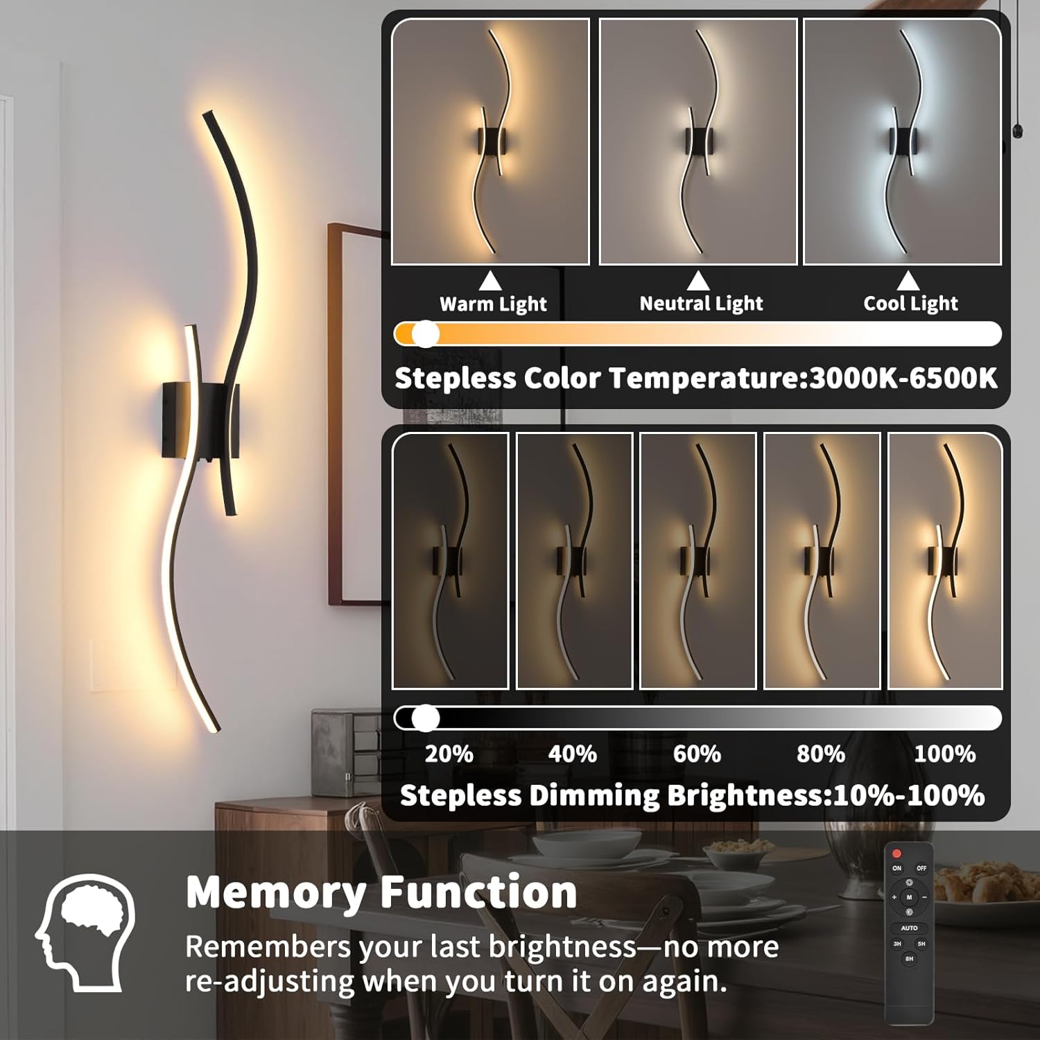39 inch LED Battery Operated Wall Scones, Wall Lights Set of 2 Wireless with Remote Lasting 30-50H Dimmable 3CCT Timer, Black Rechargeable Indoor Wall Lamps for Bedroom Living Room Hallway