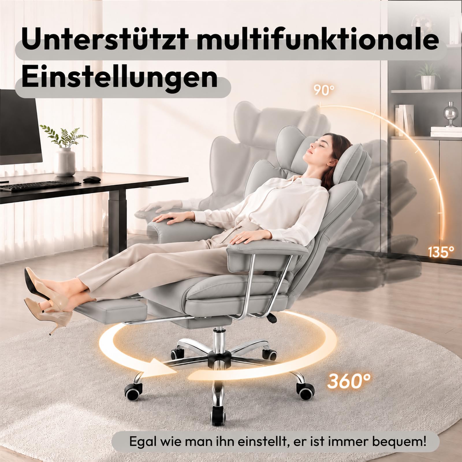 Ergonomischer Chefsessel Bürostuhl Gaming Stuhl Hochlehner mit Fußstütze & verstellb. Lendenstütze, 200 kg belastbar, Extra breiter Sitz, 90°–135° Rückenlehne, Polsterung, Modern Büro/Homeoffice, Grau